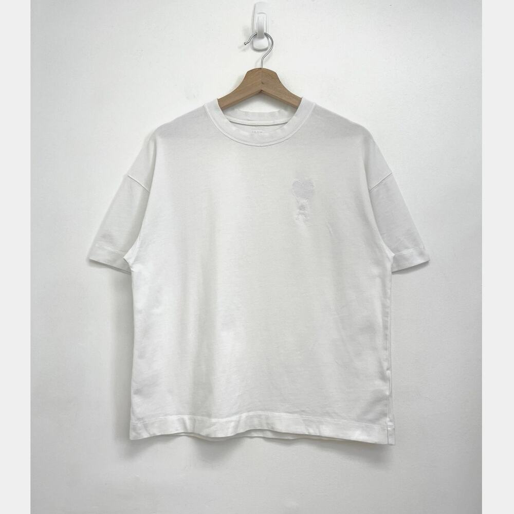 AMI Paris Embroidered Heart Logo Boxy Oversized Organic Luxury T-Shirt - Med